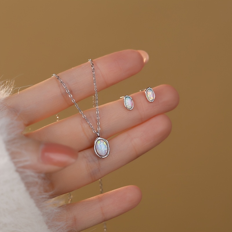 925 Silver Opal Jewelry Set Necklace Earrings Vacation Style Music Festivals
